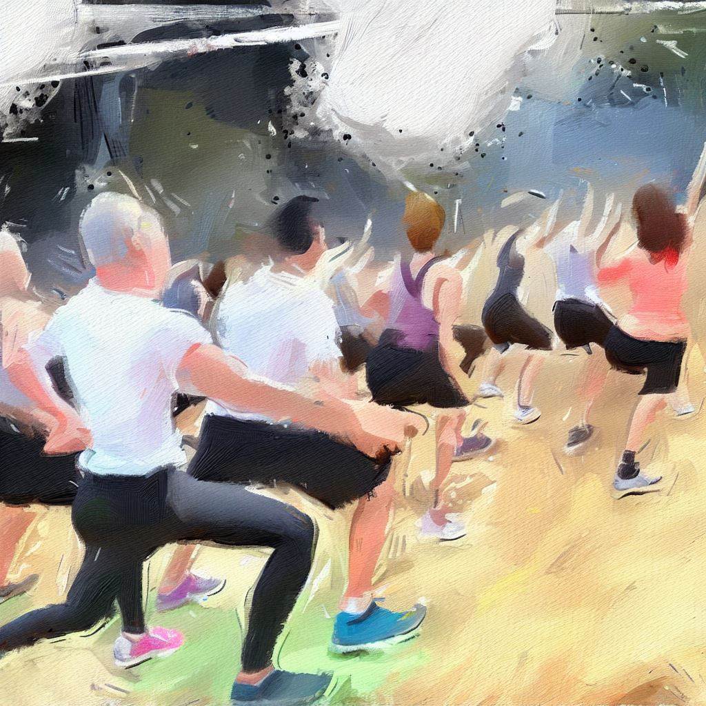 A group of people participating in a boot camp workout - Oil painting style
