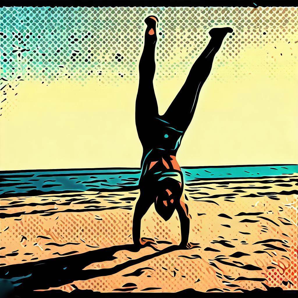 A person doing a handstand on a beach - Comic book style