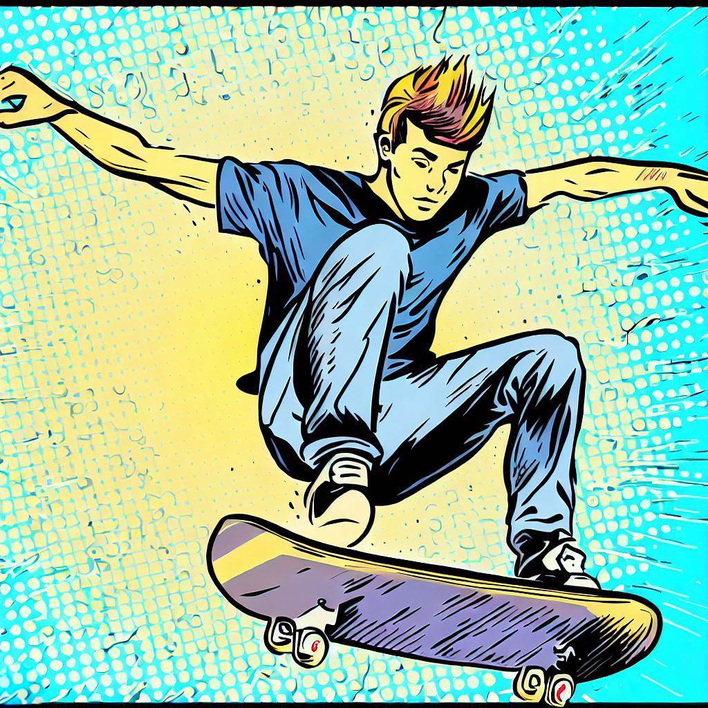 A skateboarder performing a kickflip - Comic book style
