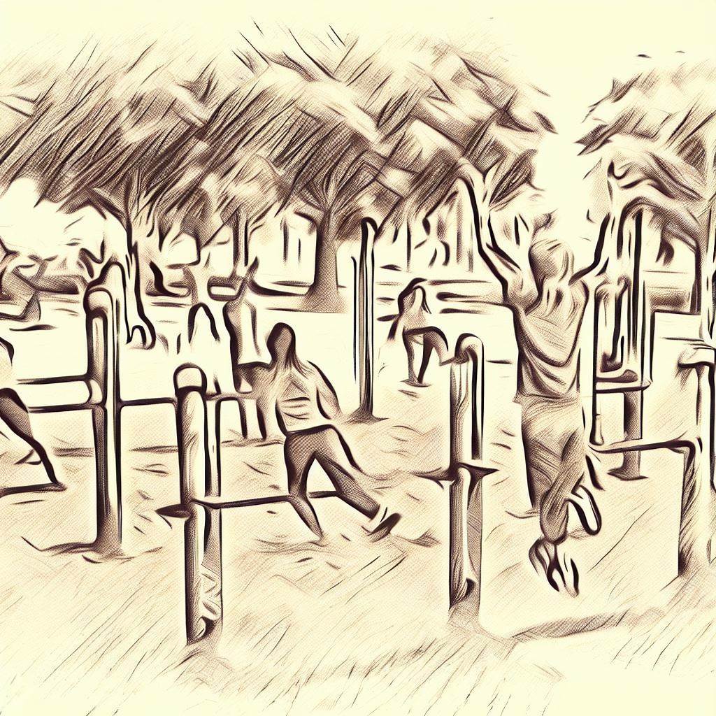 Functional fitness circuit in a park - Pencil drawing style
