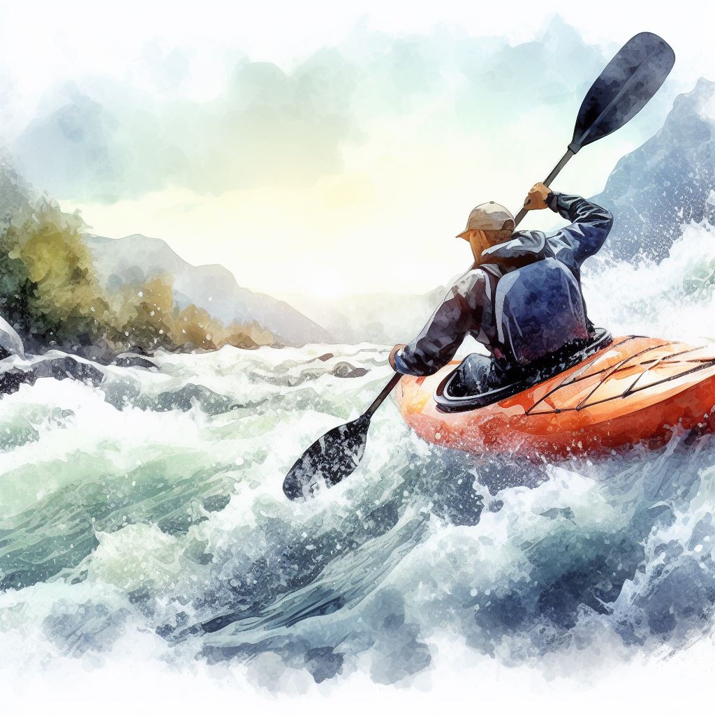 A kayaker navigating white water - Watercolor style