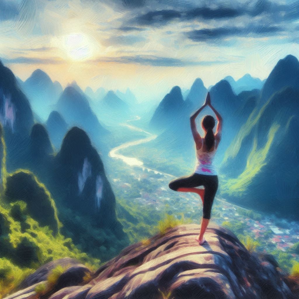 A person doing yoga on a mountaintop - Impressionism style