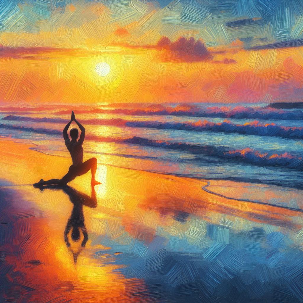 A person doing yoga on the beach at sunset - Impressionism style