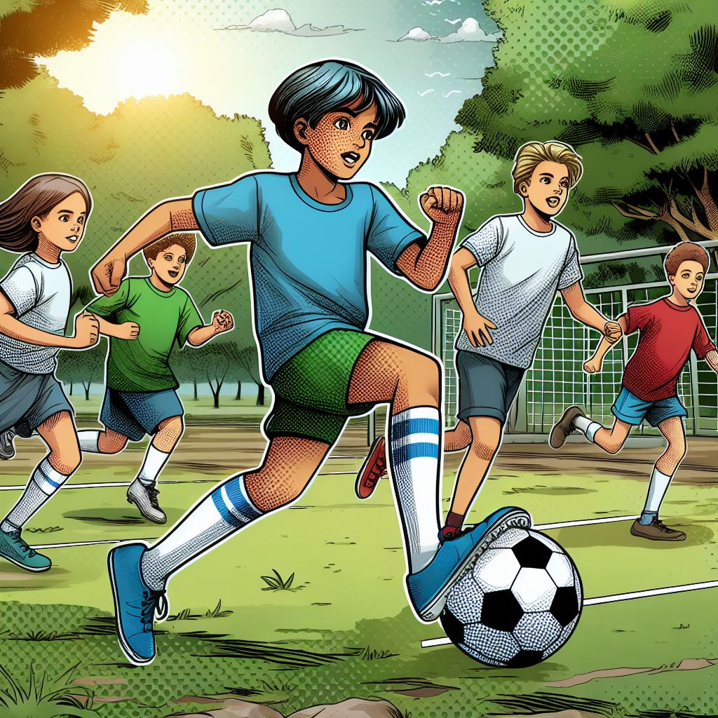 A group of kids playing soccer in a park - Comic book style