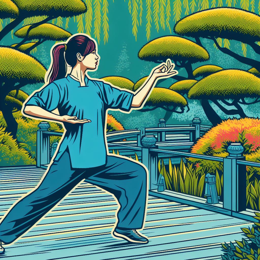 A person doing tai chi in a serene garden - Pop art style