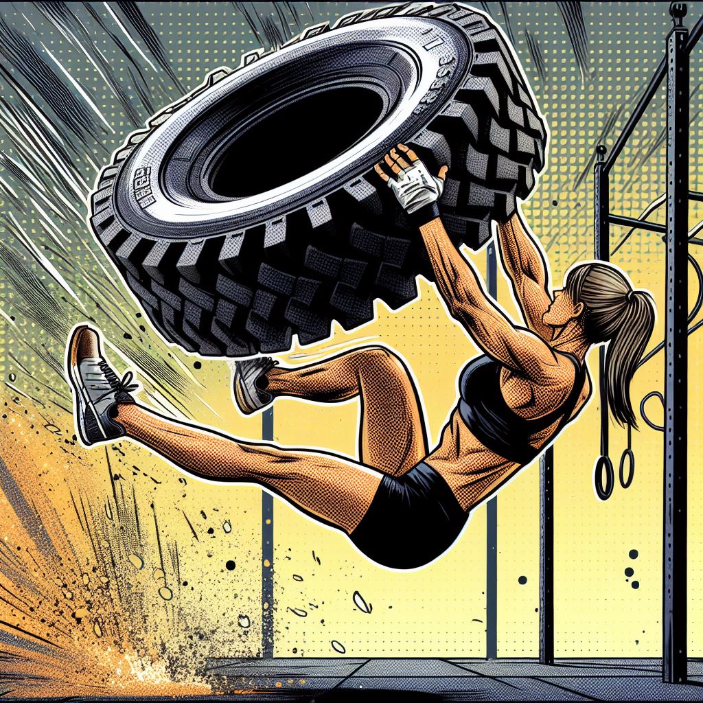 A crossfit athlete flipping a tire - Comic book style