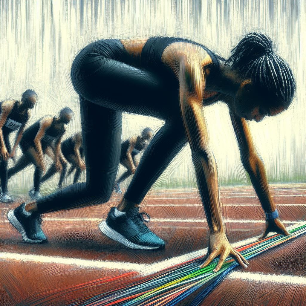 A runner at the starting line of a race - Impressionism style