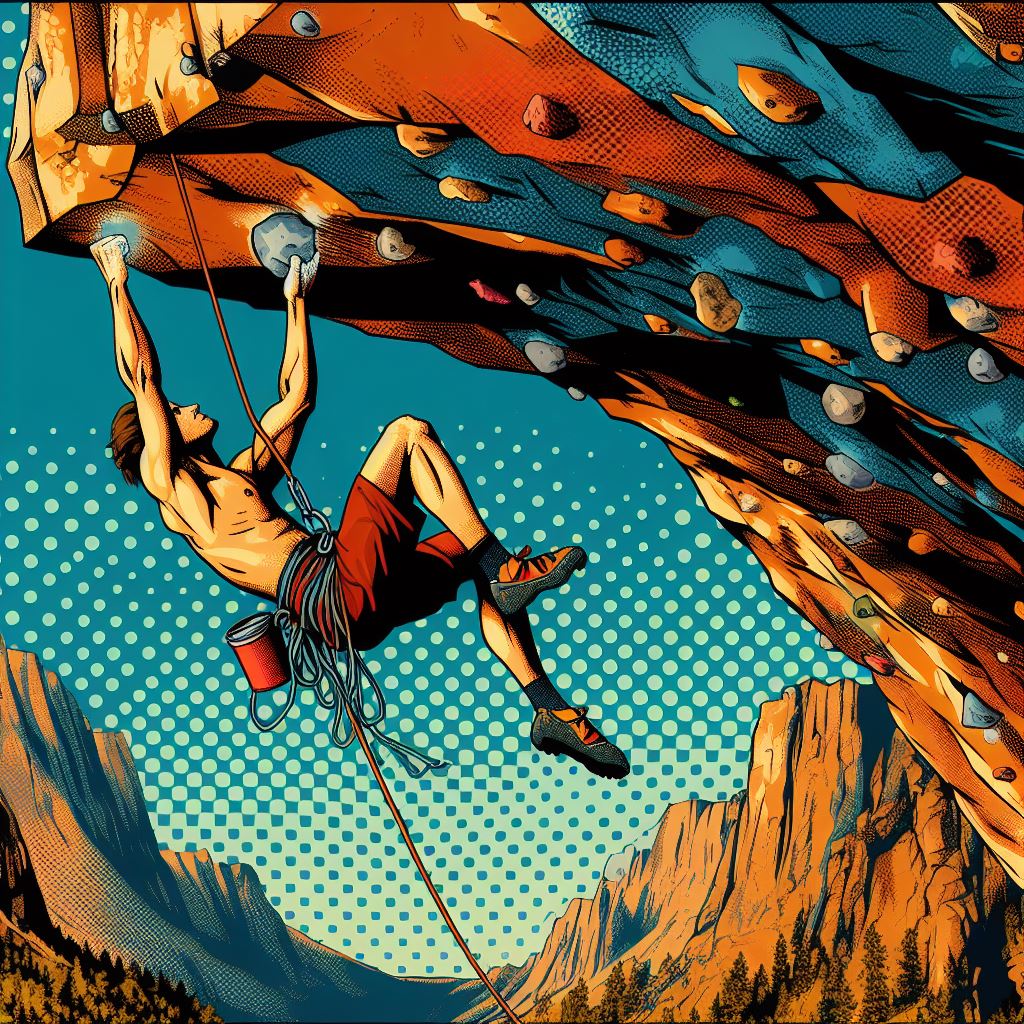 A climber hanging from an overhang - Pop art style