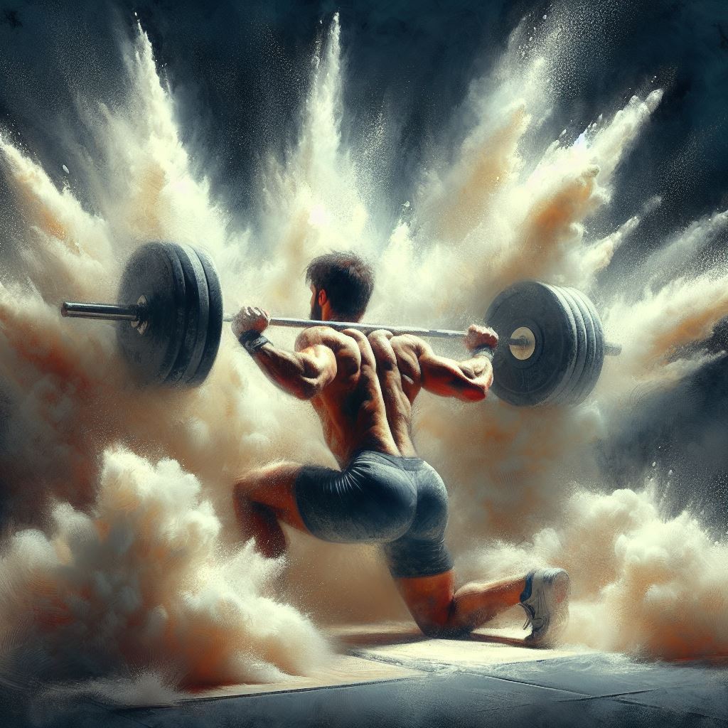 A weightlifter in a cloud of chalk dust - Oil painting style