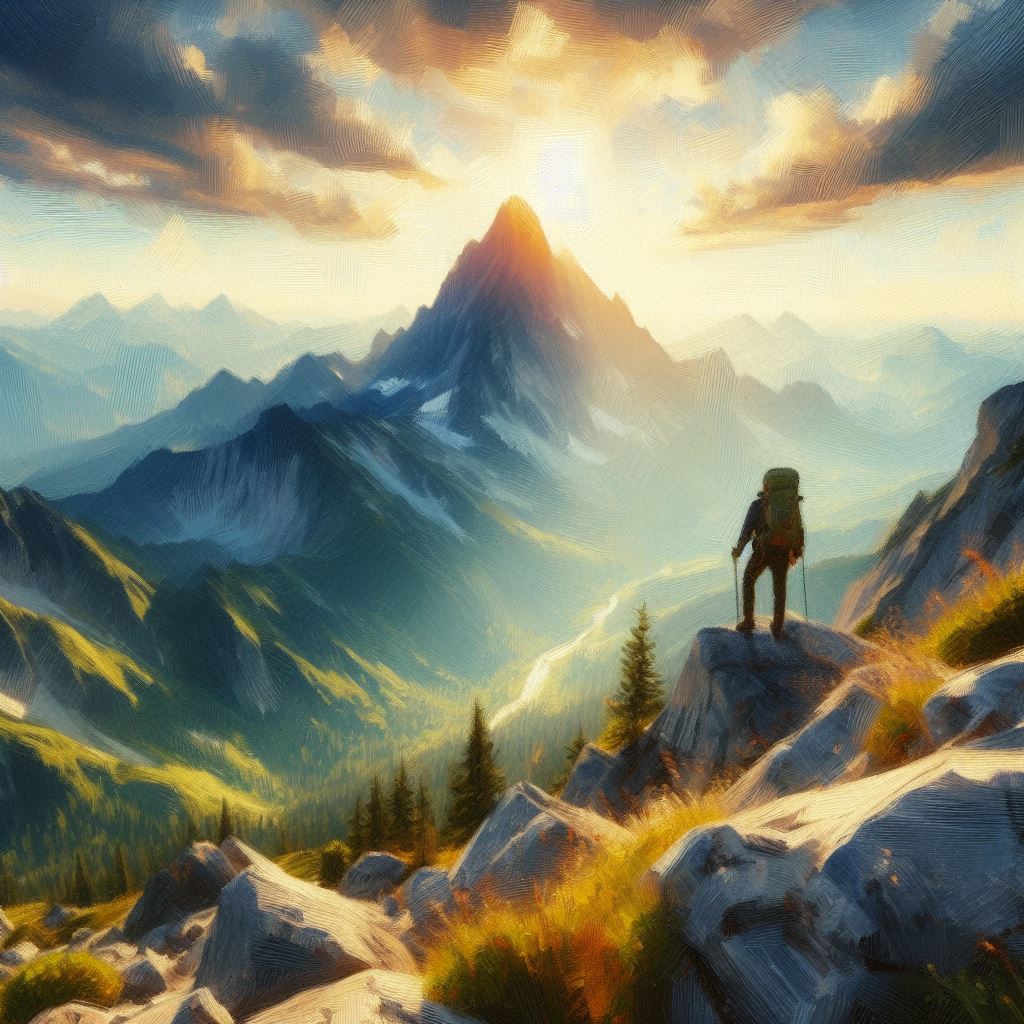 A hiker reaching a beautiful mountain peak - Impressionism style