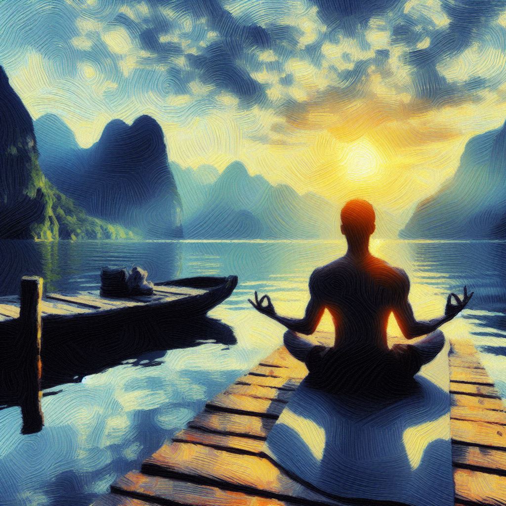 A person practicing yoga on a tranquil lakeshore - Impressionism style