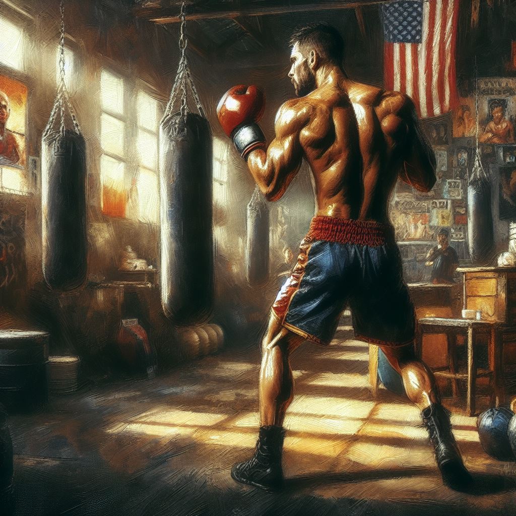 A boxer in a gritty training gym - Oil painting style