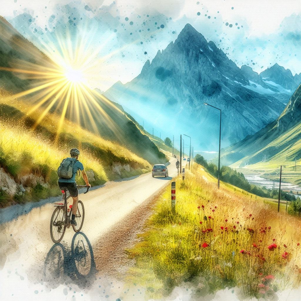 A cyclist on a scenic mountain road - Watercolor style