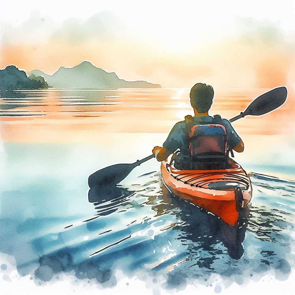 A kayaker paddling through calm waters - Watercolor style