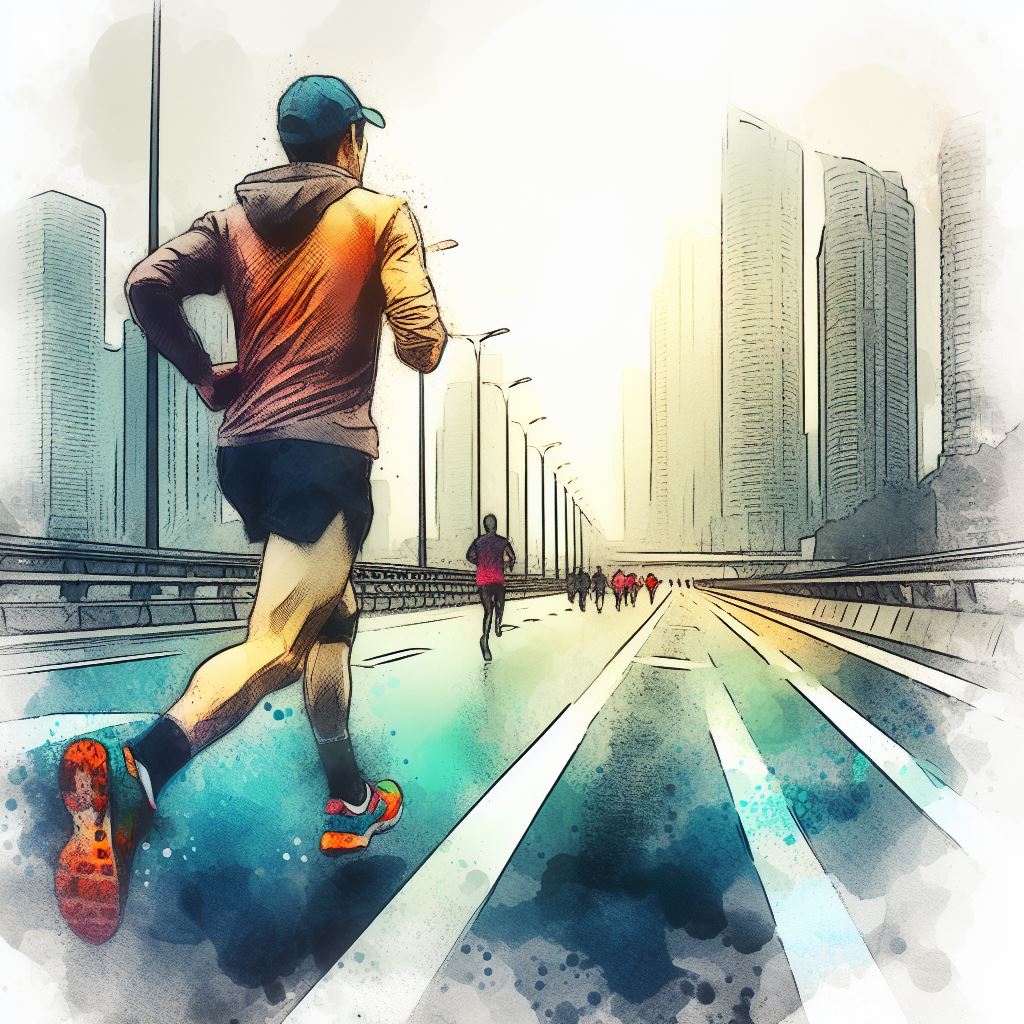 A runner in a city marathon - Watercolor style