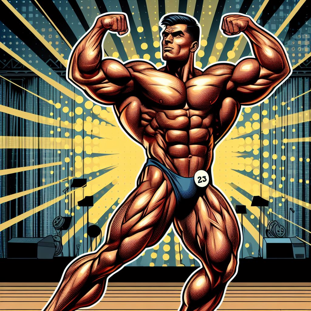 A bodybuilder flexing on a bodybuilding stage - Comic book style