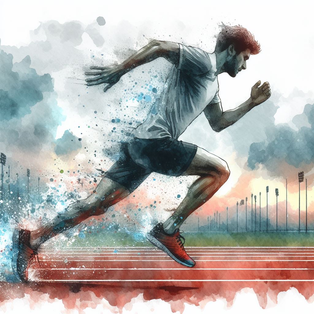 A runner sprinting on a track - Watercolor style