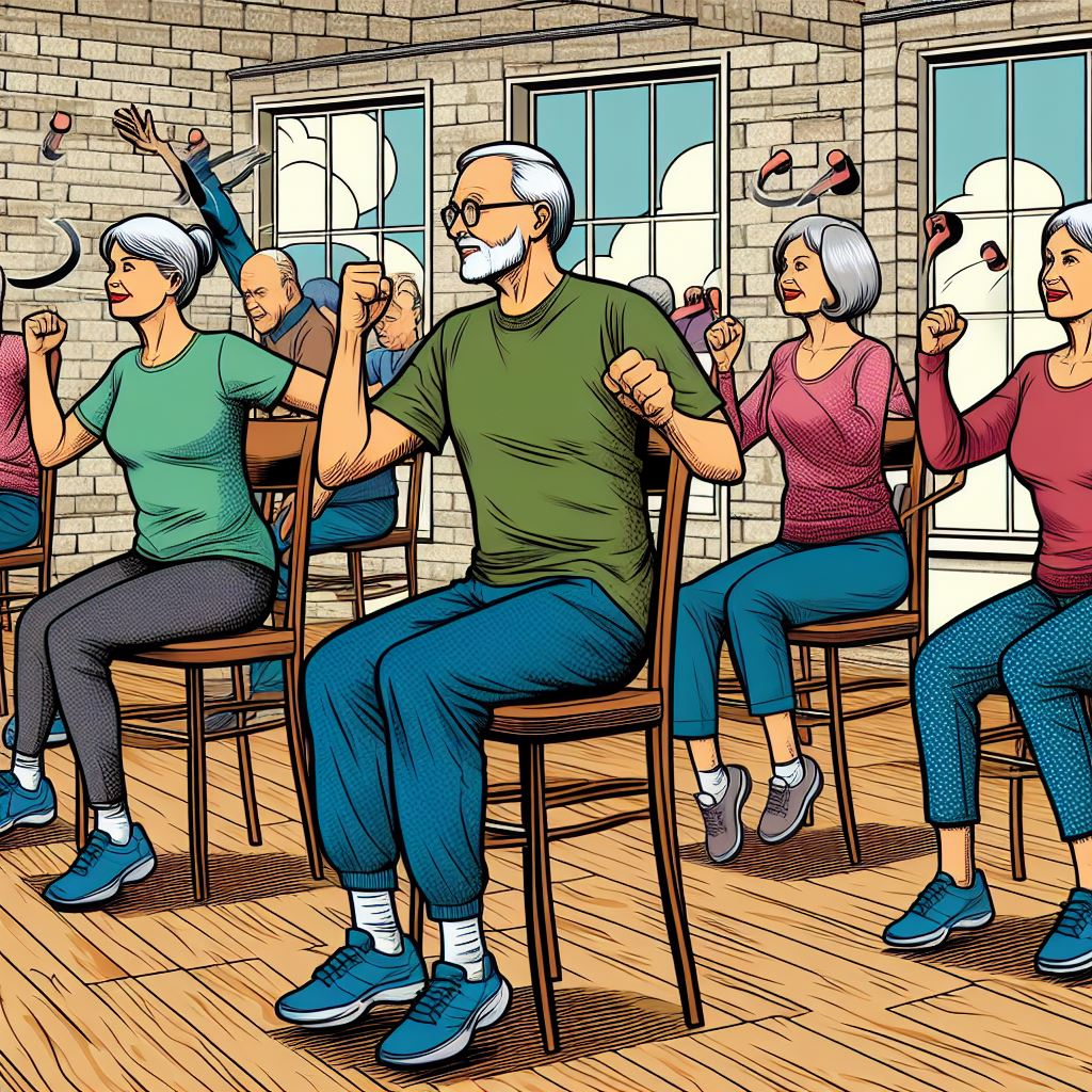 A group of seniors doing chair aerobics - Comic book style